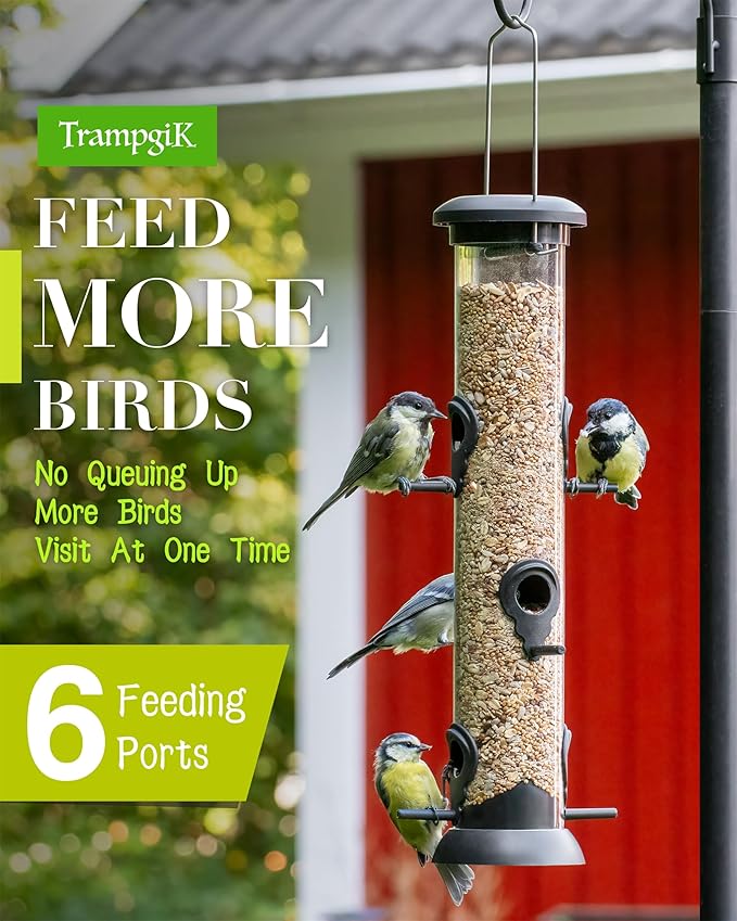 Bird Feeder Premium Hard Plastic for Wild Bird Feeders for Outdoors, Tube Bird Feeders for Outdoors Hanging,14 Inch 6 Port Black, Pack of 1
