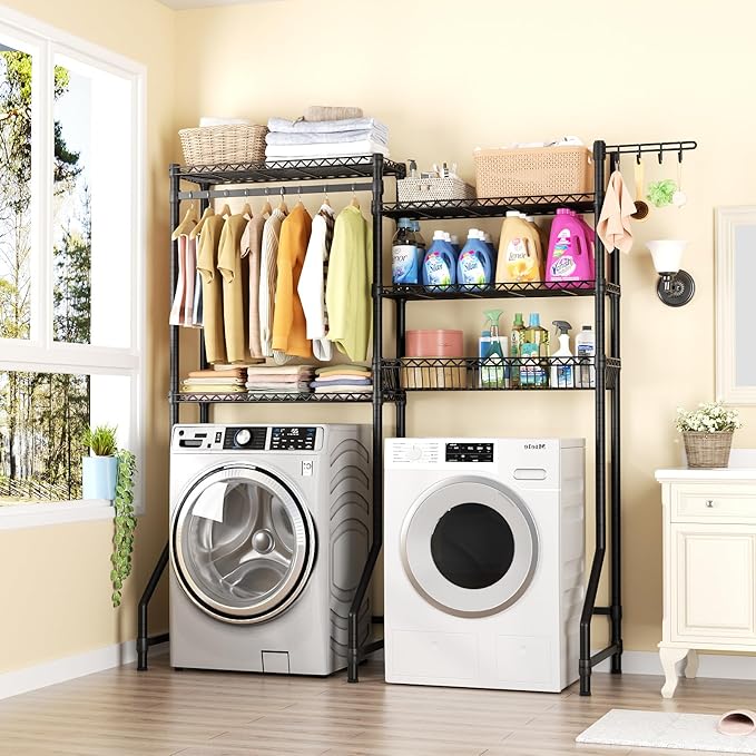 Over Washer and Dryer Shelves,Heavy Duty Laundry Room Storage Organization Clothes Drying Rack,5 Tier Adjustable Height Wire Shelving and Wire Basket with Hanger Rod&Hook,Space Saving Shelf