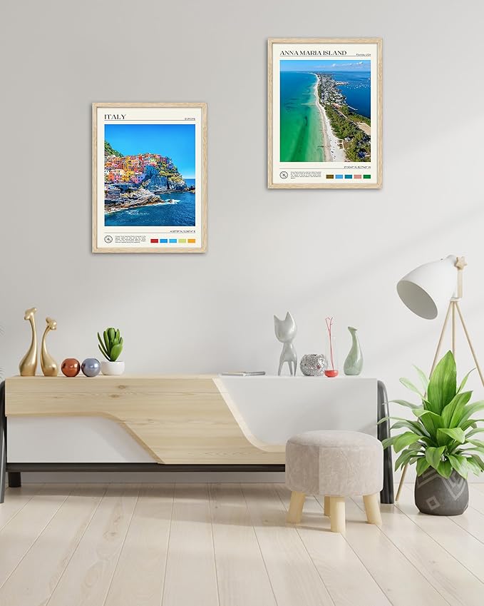 HesenDot Natural OAK Wood Framed Anna Maria Island Wall Art,12x16in Florida Seascape Canvas Wall Print,Classic Urban Landmark Wall Decor for Living Room, Bedroom,Office Gallery Set of 1