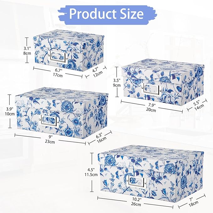 Briful Decorative Photo Storage Boxes with Lids, Set of 4 – Blue and White Porcelain Pattern, Nested Card Storage Box Organizer, Decorative Paperboard Box for Closet, Office, Gifts