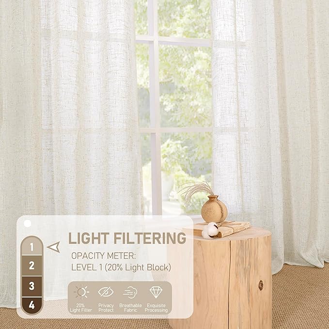 LAMIT Natural Linen Semi Sheer Curtains 63 Inch for Bedroom, Light Filtering Neutral Window Curtains Farmhouse Boho Bronze Grommet Panels, Natural Cream Ivory, 2 Panels, 38 x 63 Inch