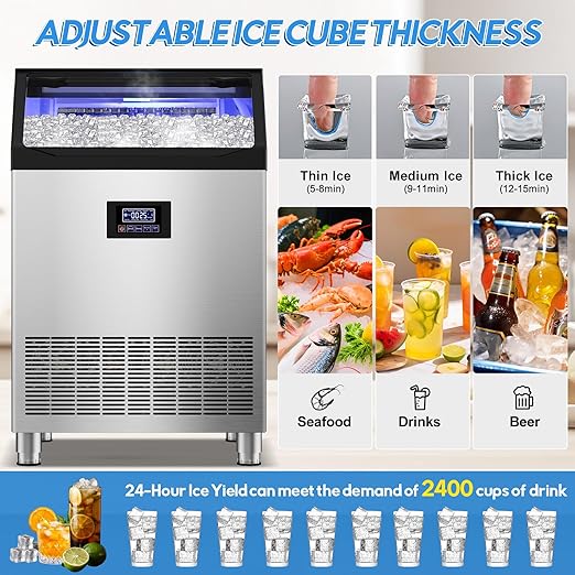 Commercial Ice Maker Machine 400LBS/24H with 125LBS Large Ice Storage Bin, 126Pcs Clear Ice Cubes in 11Mins, Stainless Steel Under Counter Industrial Ice Machine for Bar, Restaurant Business