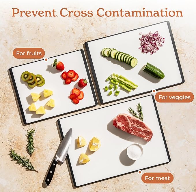 SMIRLY Plastic Cutting Board Set 3 Pieces, Non-Slip Dishwasher Safe Chopping Boards for Kitchen, Black & White