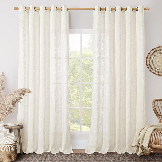 LAMIT Light Filtering Sheer Linen Curtains 84 inches Long, Linen Textured Semi Sheer Bronze Grommet Natural Boho Drapes for Living Room/Farmhouse/Bedroom, 2 Panels, Cream, 60 x 84 Inch