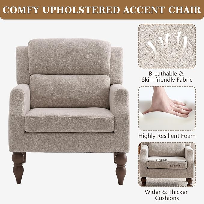 Kidol & Shellder Oatmeal Oversized Accent Chair for Living Room Set of 2 Modern Reading Chair with Back Wide Upholstered Comfy Single Sofa Chair Bedroom Lounge Side Corner Boucle Fabric Armchair