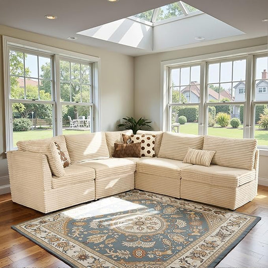 Modular Sectional Sofa with Chaise U Shaped Sectional Couch for Living Room, 5-Seater Comfy Cloud Couches, Plush Corduroy, Beige
