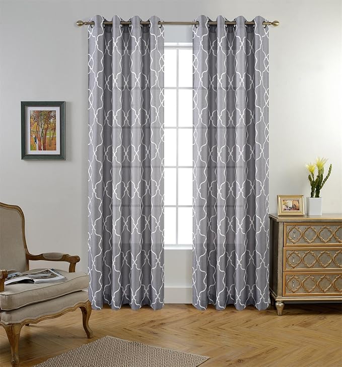 Miuco Moroccan Embroidered Semi Sheer Curtains Faux Linen Grommet Curtain Panels for Bedroom 52 x 95 Inch 2 Panels, Grey