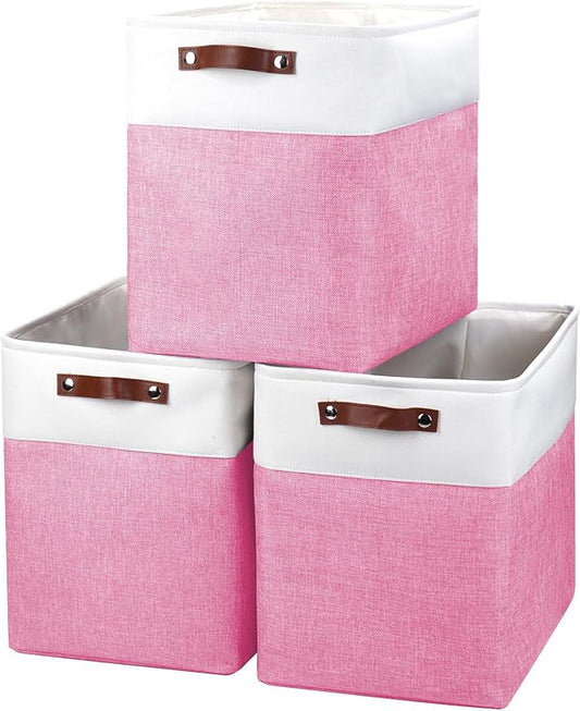 Large Fabric Storage Baskets | 50L Storage Bins, Decorative Linen Closet Baskets with Handles for Organizing, Shelf, Toys, Clothes, Home, Office, Nursery, 17x12x15Inches (Pink&White)