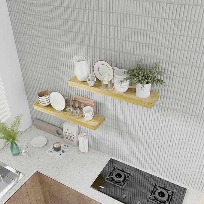 IAE Floating Wall Shelves 24 inch,Bathroom Shelves Wall Mounted,Invisible Shelves Floating Kitchen Shelves,Wooden Wall Shelves with Brackets for Living Room Wall Mounted,Easy Install,Set of 2,Natural