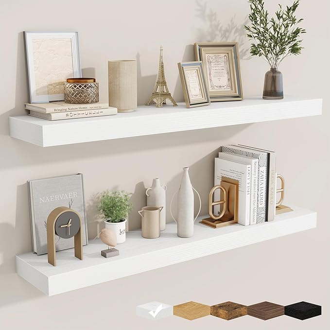 fuqing Floating Shelves for Wall, Bathroom Shelf Wall Mounted for Storage, Shelves with Invisible Bracket for Bedroom, Kitchen, Living Room, Farmhouse Small Book Shelf, 40 Inch Set of 2, White