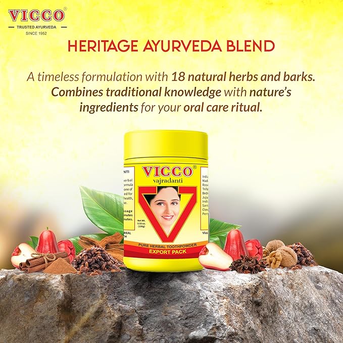Vicco Vajradanti Herbal Tooth Powder, Classic Ayurvedic Blend with 18 Herbs & Barks, 3.53 oz (Pack of 3)