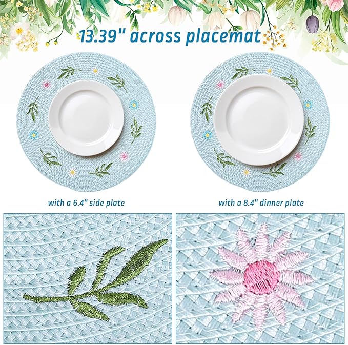 Whaline 4Pcs Round Daisy Placemats Spring Flower Embroidered Place Mats Greenery Floral Dinner Table Mats for Home Holiday Wedding Bridal Baby Shower Birthday Party Decor