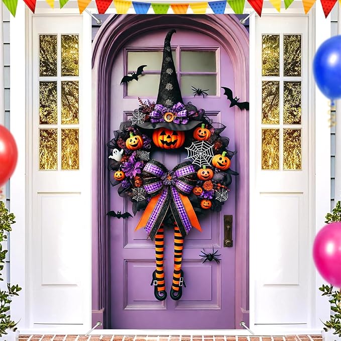 Halloween Witch Wreath Door Cover 71x35 Inch Holiday Front Porch Door Banners Decoration Purple Pumpkin Spider Web Bat Background Hanging Banner for Indoor Outdoor Spooky Party Decor