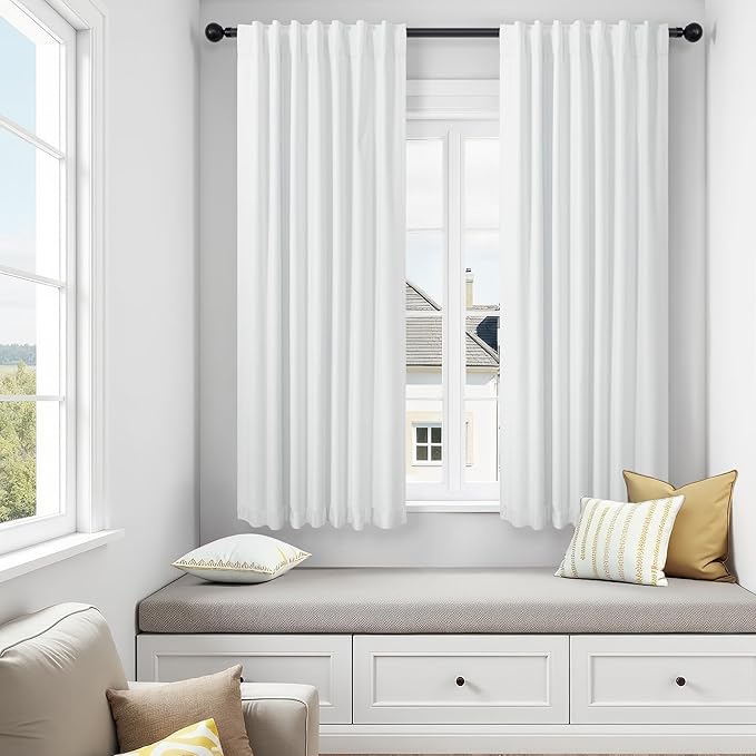 White Curtains 58 Inch Length for Bedroom 2 Panel Set Heat Full Light Blocking Drapes Short Window Blackout Linen Curtains for Kitchen Kids Room Thermal Insulated Living Room Window 58 Long Back Tab