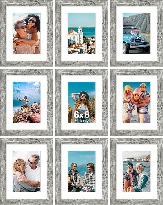 Vittanly 6x8 Picture Frames Set of 9, Shatter Resistant Plexiglass, Display 4x6 Pictures with Mat or 6x8 without Mat, Photo Frames for Wall or Tabletop, Engineered Wood, Grey
