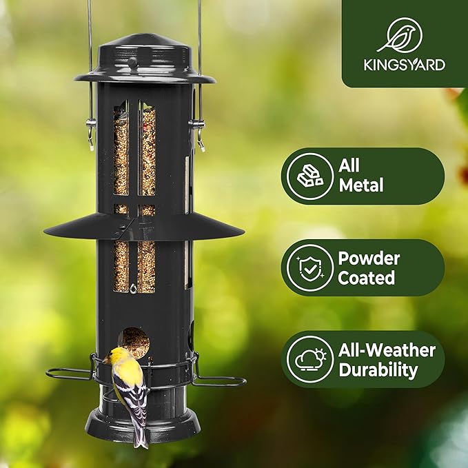 Kingsyard Squirrel Proof Bird Feeder with Removable Base, All Metal, Tube Bird Feeders for Outdoors Hanging, Easy to Clean & Refill, Black
