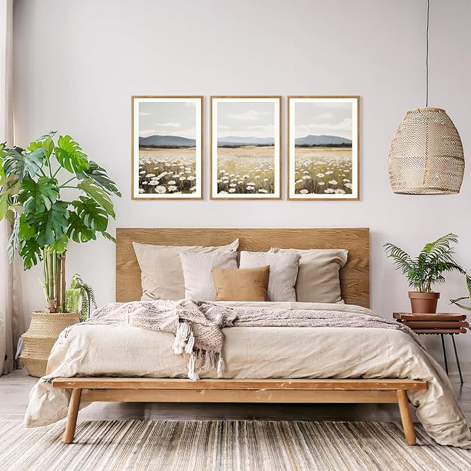 HPNIUB Flowers Wall Art Canvas White Daisy Floral Painting, Rustic Field Landscape Picture, Modern Framed Artwork for Living Room Bedroom Bathroom Dinning Room Office Home Decor Gifts-16 x24 x3