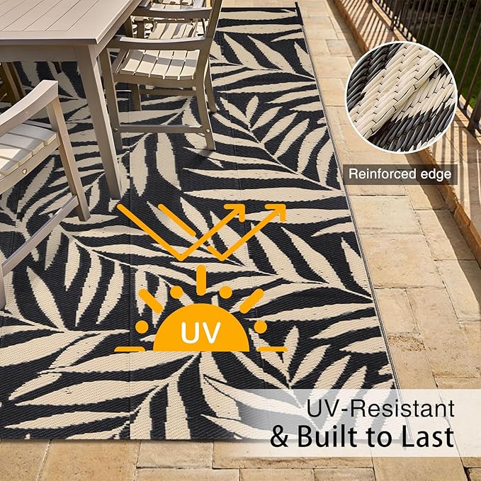 OLANLY Waterproof Outdoor Rug 5x8 ft, Reversible Outdoor Plastic Straw Rug with Leaf Pattern, RV Mat, Indoor Outdoor Carpet for Patio, Camping, Balcony, Deck, Backyard, Black & Beige