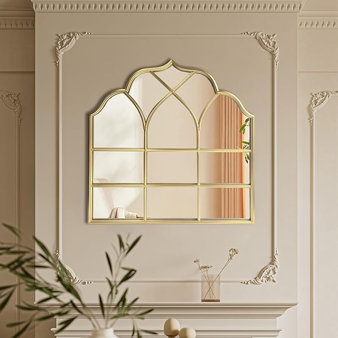 Window Mirror Pane Scalloped, Wide Arched Gold Mirrors Decorative, Cathedral Arch Wall Decor with Metal Windowpane Grid for Mantle Entryway Fireplace Hallway Living Room