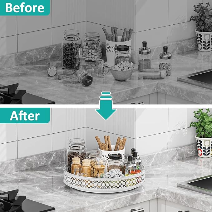 Ovicar Lazy Susan Organizer Turntable - 11 inch Rotating Spice Rack Metal Lazy Susan for Cabinet Pantry Kitchen Countertop Dining Table Cupboard Bathroom Refrigerator Vanity (11 inch White)