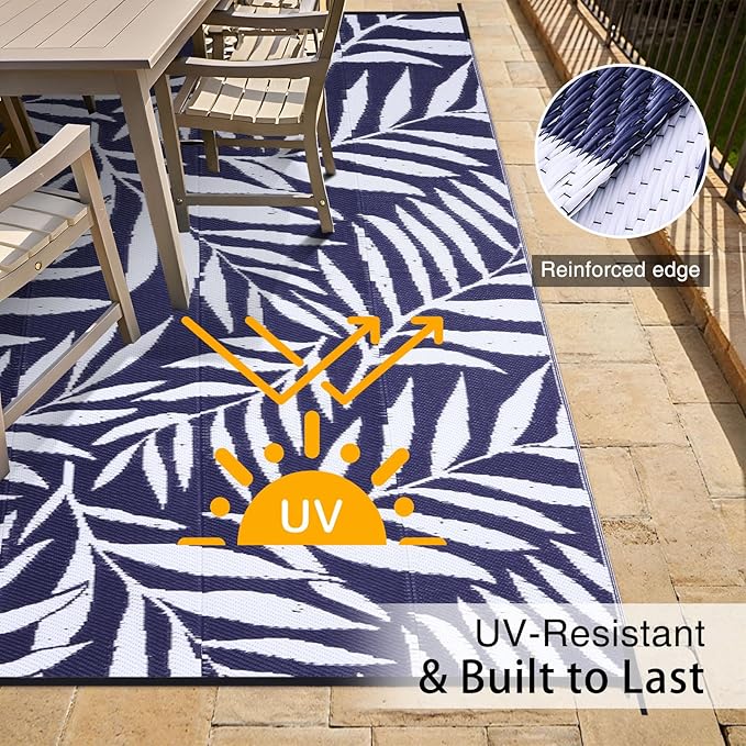 OLANLY Waterproof Outdoor Rug 8x10 ft, Reversible Outdoor Plastic Straw Rug with Leaf Pattern, RV Mat, Indoor Outdoor Carpet for Patio, Camping, Balcony, Deck, Backyard, Navy & White
