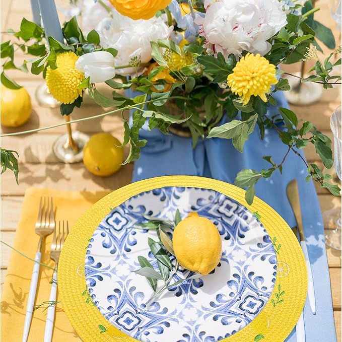 Whaline 4Pcs Round Placemats Lemon Embroidered Place Mats Summer Lemon Greenery Leaves Dinner Table Mats for Home Wedding Baby Shower Birthday Party Decor