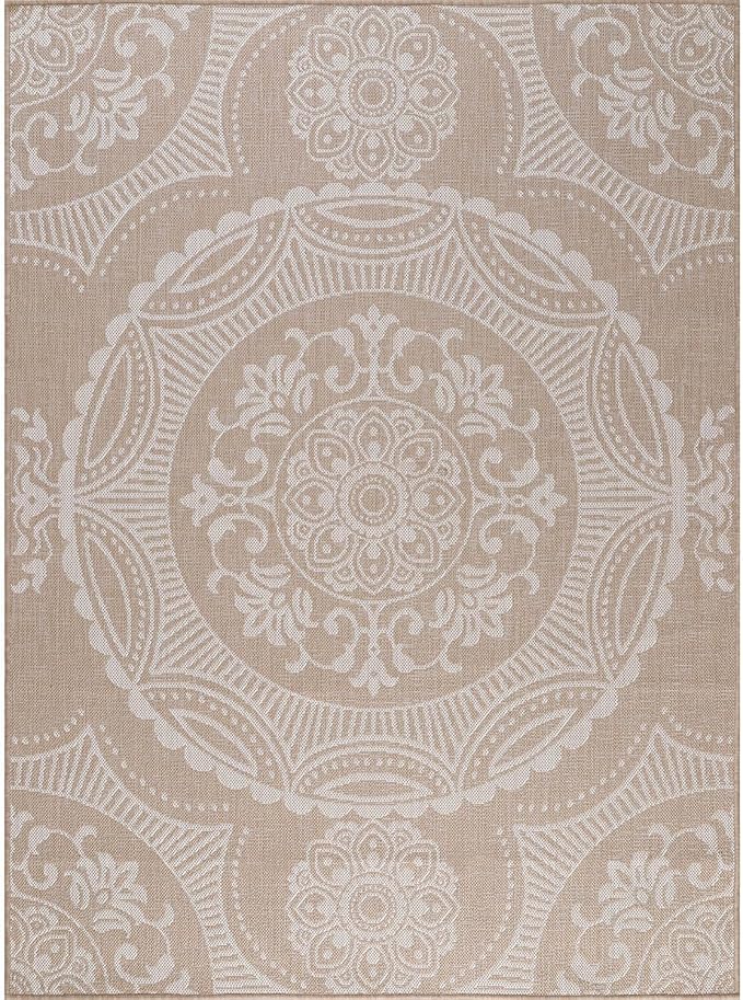 Medallion Outdoor Rug 6x9 Washable Outside Carpet for Indoor Patio Porch Waterproof Easy Cleaning Non Shedding Area Rugs Beige 6 x 9