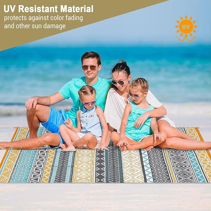 GAOMON Outdoor Rug for Patio 5'x8' Reversible Plastic Rugs Camping Mat for Outdoor, RV, Backyard, Deck, Balcony, Picnic, Beach, Teal/Yellow(Bohemia)