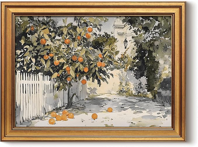 HUARCEY Gold Framed Vintage Wall Art for Living Room Country Orange Trees Earthy Room Decor Aesthetic Oil Painting Wall Picture Farmhouse Canvas Print Artwork for Kitchen Bedroom Bathroom Decor 12x16