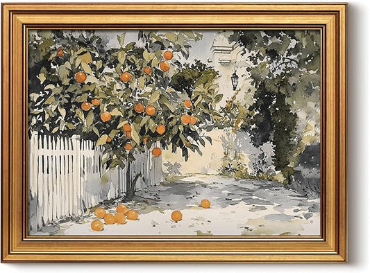 HUARCEY Gold Framed Vintage Wall Art for Living Room Country Orange Trees Earthy Room Decor Aesthetic Oil Painting Wall Picture Farmhouse Canvas Print Artwork for Kitchen Bedroom Bathroom Decor 12x16