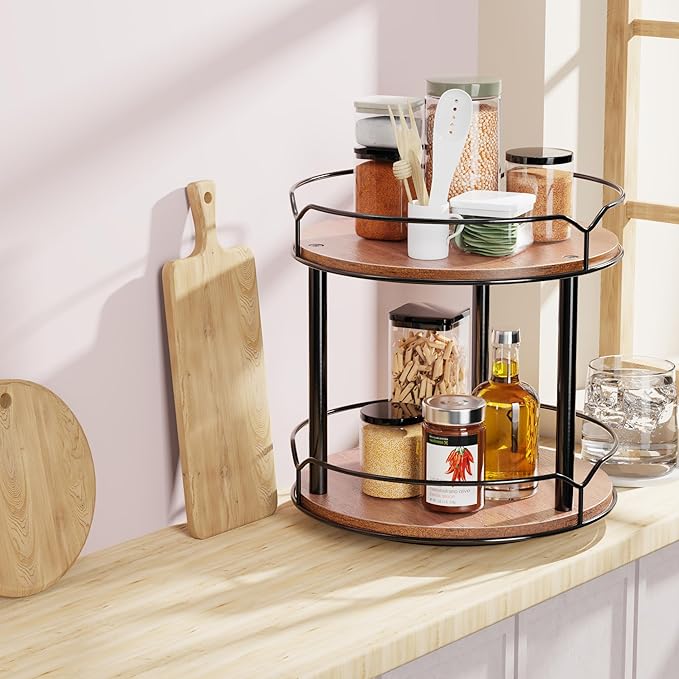 Lazy Susan Organizer 2 Tier - Turntable Spice Rack for Table Top, Wooden Rotating Lazy Susan for Cabinet Pantry Kitchen Countertop Dining Table Cupboard Bathroom Vanity Storage