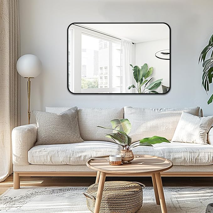 Fabuday Big Black Bathroom Mirror for Over Sink Wall - 26x38 Rounded Rectangle Mirror with Matte Metal Frame, Large Rectangular Vanity Mirrors for Bedroom, Entryway, Horizontally/Vertically