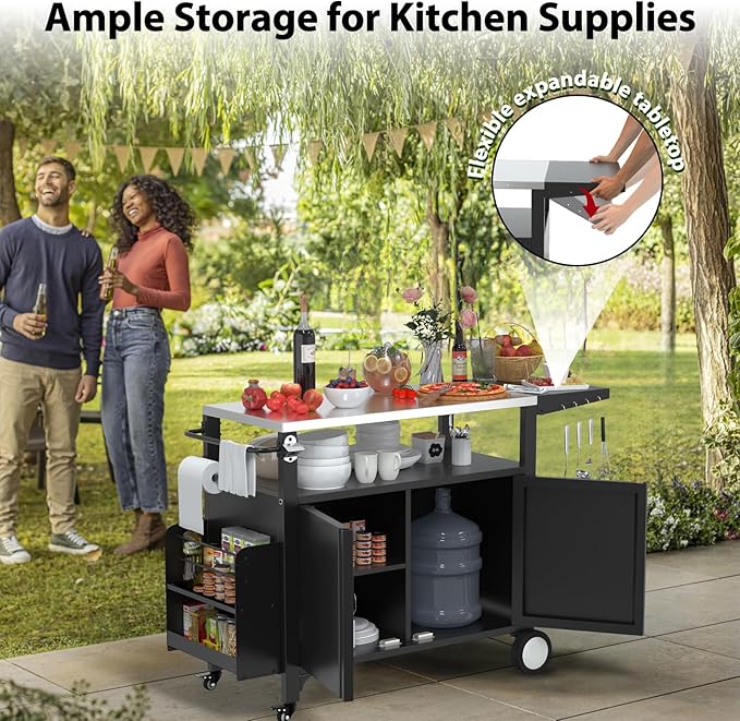 Outdoor Grill Cart with Wheels, Outdoor Kitchen Bar Cart Mobile BBQ with Foldable Stainless Steel Top & Storage Cabinet