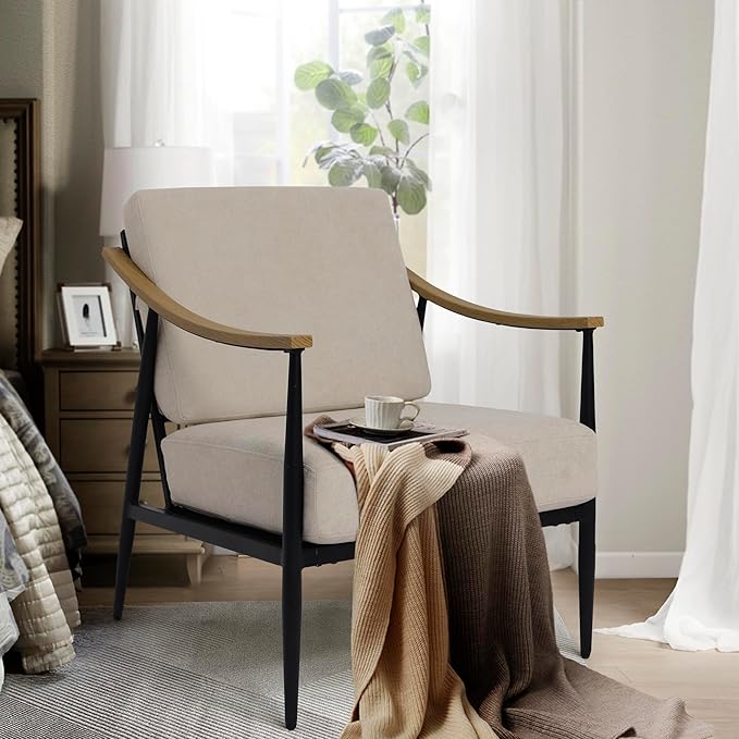 Modern Accent Chair for Living Room Bedroom Mid Century Arm Chair Upholstered Office Accent Chair Comfy Waiting Room Chair with Metal Frame, Beige