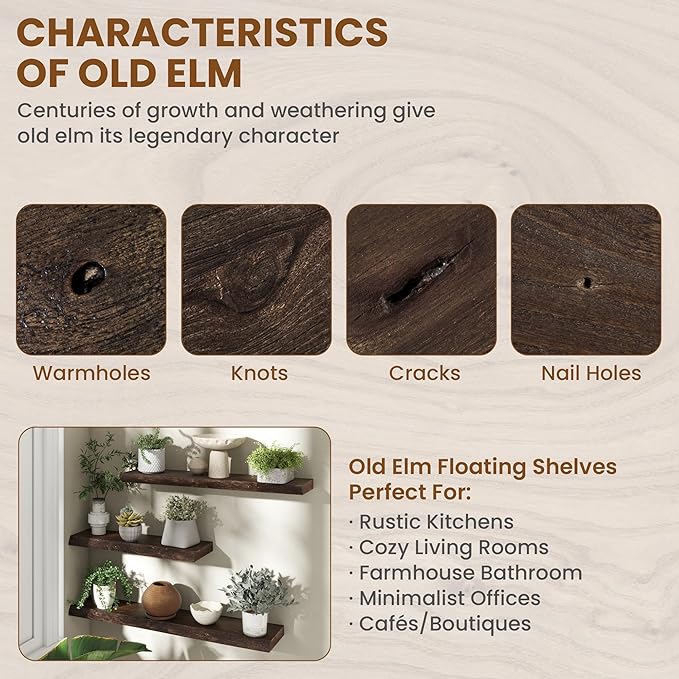 Fun Memories 40" Floating Shelves for Wall, Live Edge Solid Elm Wood Floating Shelf with Invisible Bracket, Wall Mounted Display Wooden Shelves for Bathroom, Kitchen, Bedroom, Walnut Color, Set of 1