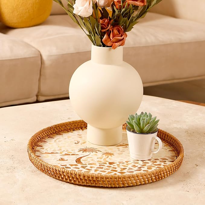 Round Rattan Tray with Mother of Pearl Inlay & Wooden Base - Decorative Wicker Serving Tray for Coffee/Bread/Fruits, Food Storage & Display - Multipurpose Home Decor (M,Island)