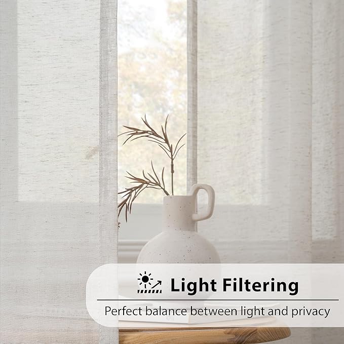 FMFUNCTEX Linen Sheer Curtains for Bedroom, Grey Curtains 63 Inch Length for Living Room, Gray Farmhouse French Flax Blend Window Draperies, Rod Pocket 2 Panels Set