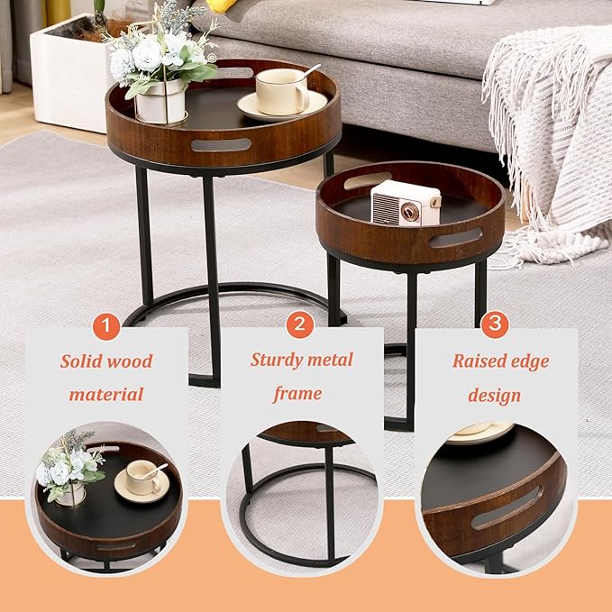 Nesting Coffee Table Set of 2, Small Round Stacking Side Table Set with Metal Frame, Nesting Tables for Living Room Bedroom Office Balcony (Wood, 2)