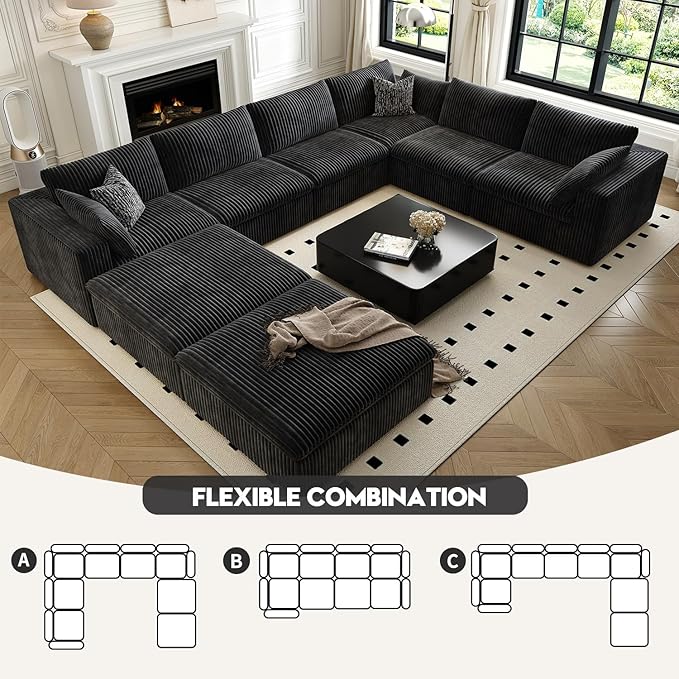 157.5" Cloud Couch Oversized Modular Sectional Sofa for Living Room,Modern Sofa with Deep Seat，8 Seater Boneless Couch with 2 Ottoman,Comfy Upholstered Couches for Apartment, Studio, Office,Black