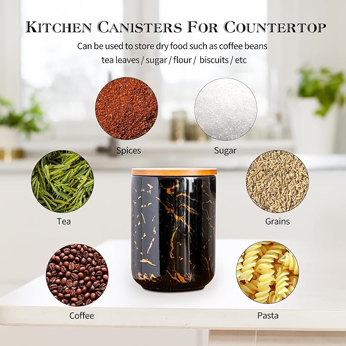 Black Ceramic Canister Set with Wooden Lid, 3-Piece Food Storage Jars for Kitchen Counter, Storage Container for Sugar, Coffee, Tea, Spice
