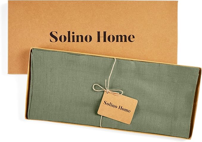 Solino Home Linen Oil Green Table Runner 144 Inches Long - 100% Pure Linen Extra Long Table Runner 14 x 144 Inch for Fall, Autumn, Thanksgiving - Fete