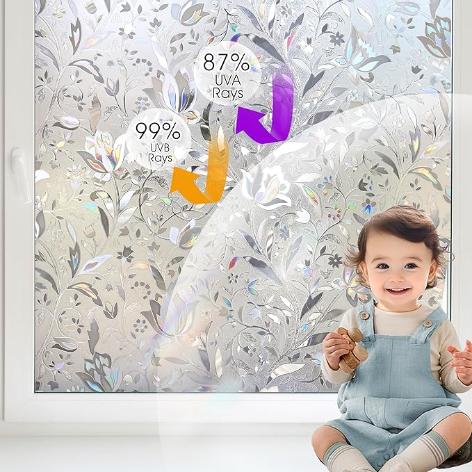 HIDBEA Window Privacy Film, 3D Stained Glass Static Cling - Sun Blocking Anti-UV Heat Control, Reusable Decorative Film for Home/Office Doors, Rainbow Tulip Design (29.5 in x 78.7 in)