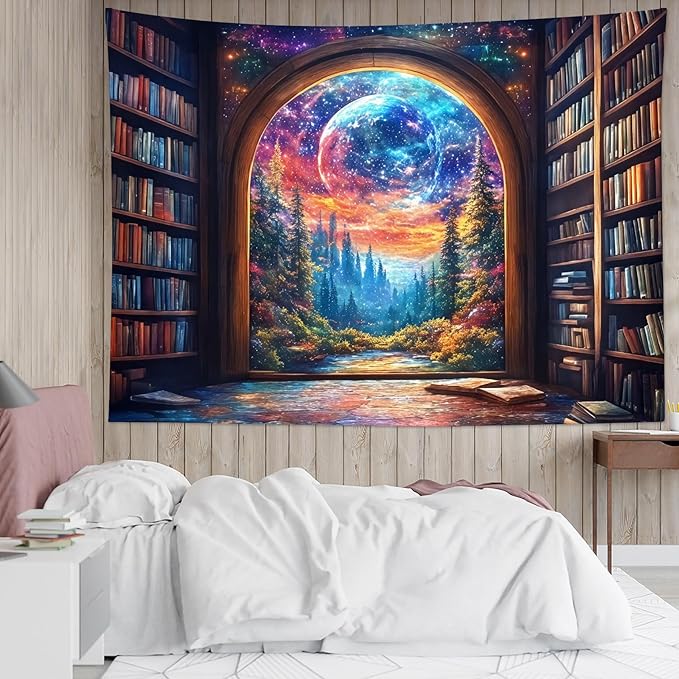 LB Fantasy Bookshelf Moon Tapestry, Trippy Tree and Vintage Library in Forest Wall Tapestry for Bedroom, Galaxy Cool Wall Art for Living Room Dorm Classroom Home Decor Ready to Hanging, 92.5 x 70.9 Inches