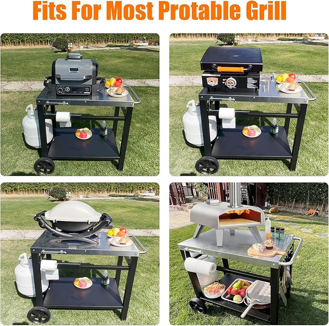 Outdoor Grill Table, Movable Dining Cart, Pizza Oven Table Stand, Double-Shelf Grill Stand, Food Prep and Work Cart with Wheels, Hooks, Fits for Blackstone Ninja