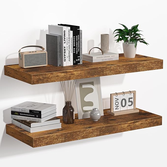 Floating Shelves - 2 Pack 9 Inch Rustic Wooden Wall Shelves - Extra Deeper & Thicker Wall Mounted Storage Shelf for Living Room, Kitchen, Farmhouse - 24" W x 9" D x 1.6" H - Rustic Brown