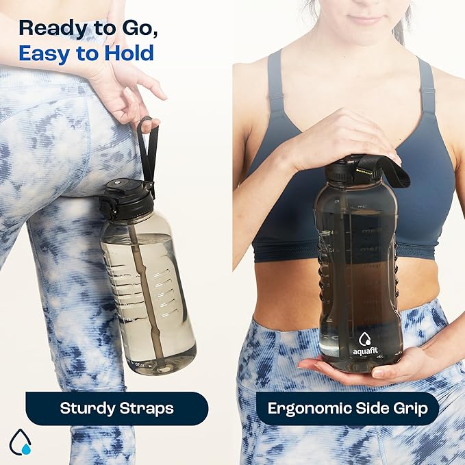 AQUAFIT 64 oz Water Bottle with Time Marker - 2in1 Straw & Chug Lid - BPA Free Big Water Bottle with Straw - Gym Water Bottle with Strap - Water Jug (64 Ounces, Gray)