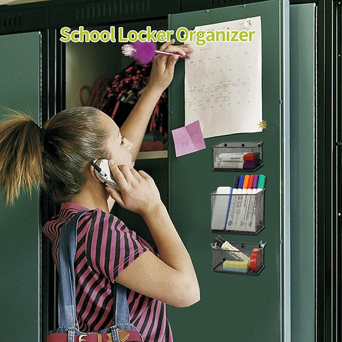 Neudeco Locker Shelf Organizer, Magnetic Pencil Holder, Metal Storage Basket for Whiteboard, Refrigerator, Ideal Cabinet for School, Black (Pack 3M)