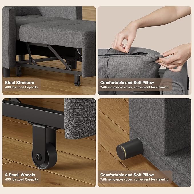 Noelse Convertible Futon Sofa Bed, 3-in-1 Multi-Functional Sleeper Chair Bed, Adjustable Backrest Recliner with Modern Linen Fabric for Living Room Bedroom Apartment Small Space, Dark Grey