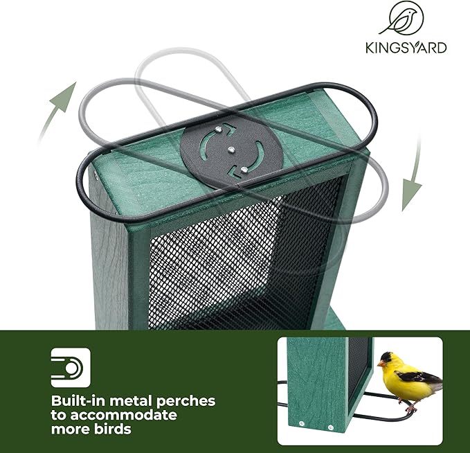 Kingsyard Metal Mesh Bird Feeder for Outdoors Hanging, Finch Feeder for Nyjer/Thistle, Sliding Mesh & Built-in Perch, Recycled Plastic, Green