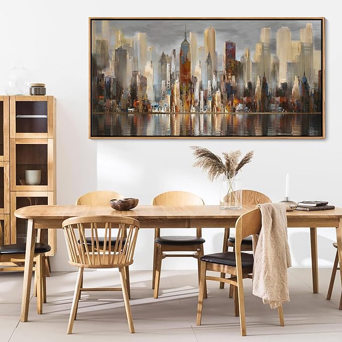 Mofutinpo Abstract Modern Canvas Wall Art for Living Room Cityscape New York Wall Decor City Theme Paintings Brown Framed Pictures Office Artwork Wall Decor Bedroom Above Bed